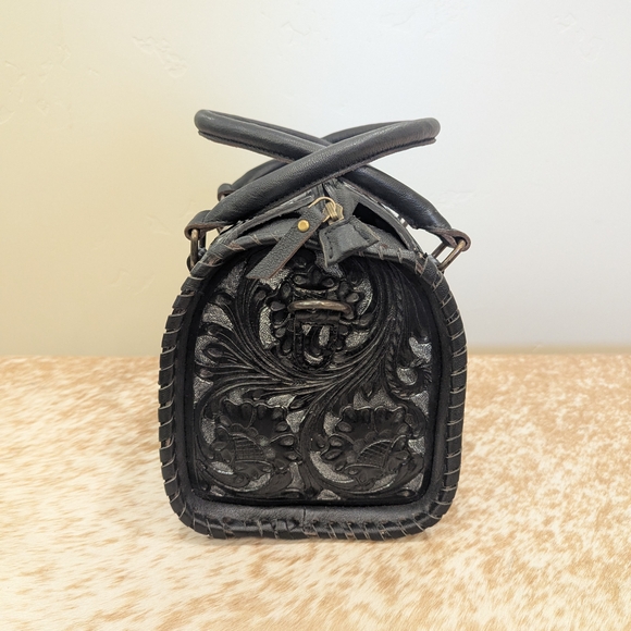 Black Floral Tooled Leather Satchel - Unbranded - Picture 3 of 6